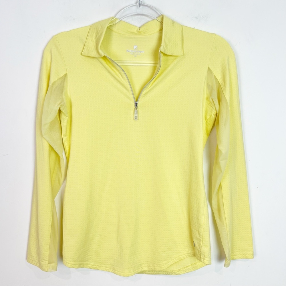 BETTE & COURT YELLOW SWISS DOT 1/4 ZIP ATHLETIC POLO PULLOVER SHIRT SZ XS